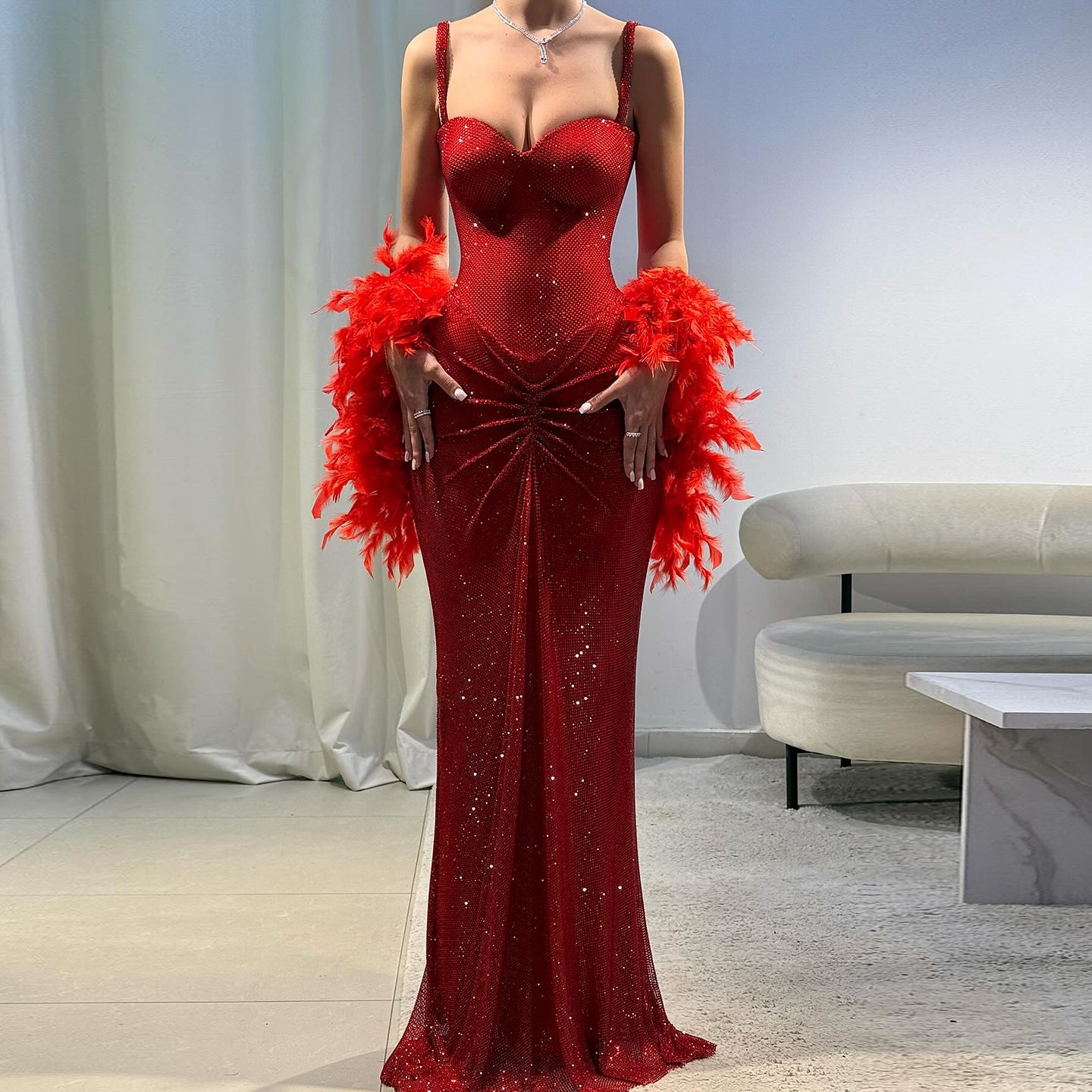 Luxury Red Sequin Strapless Evening Dress with Feather Shawl SH567