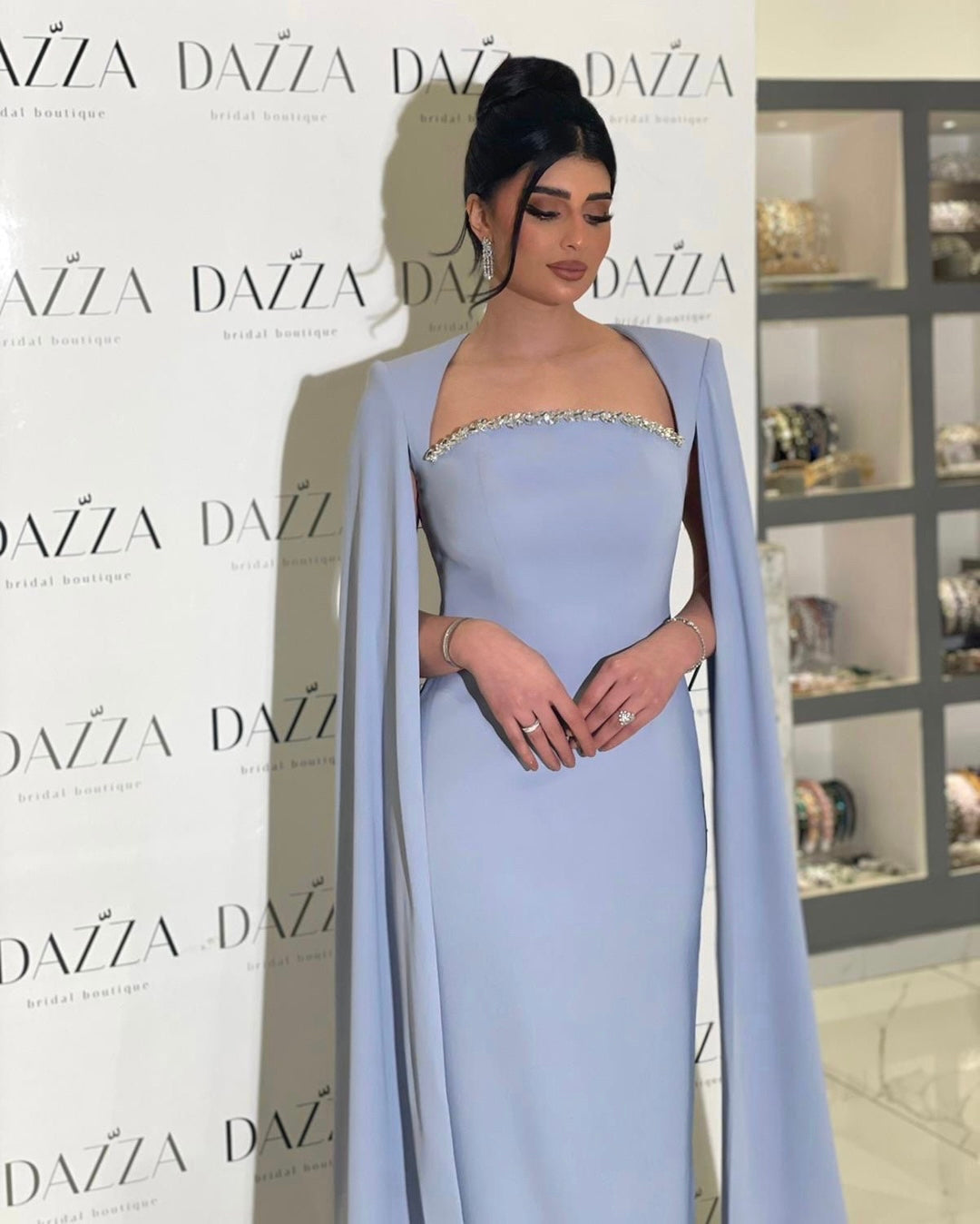 Elegant Blue Mermaid Evening Dress with Cape Sleeves SF486