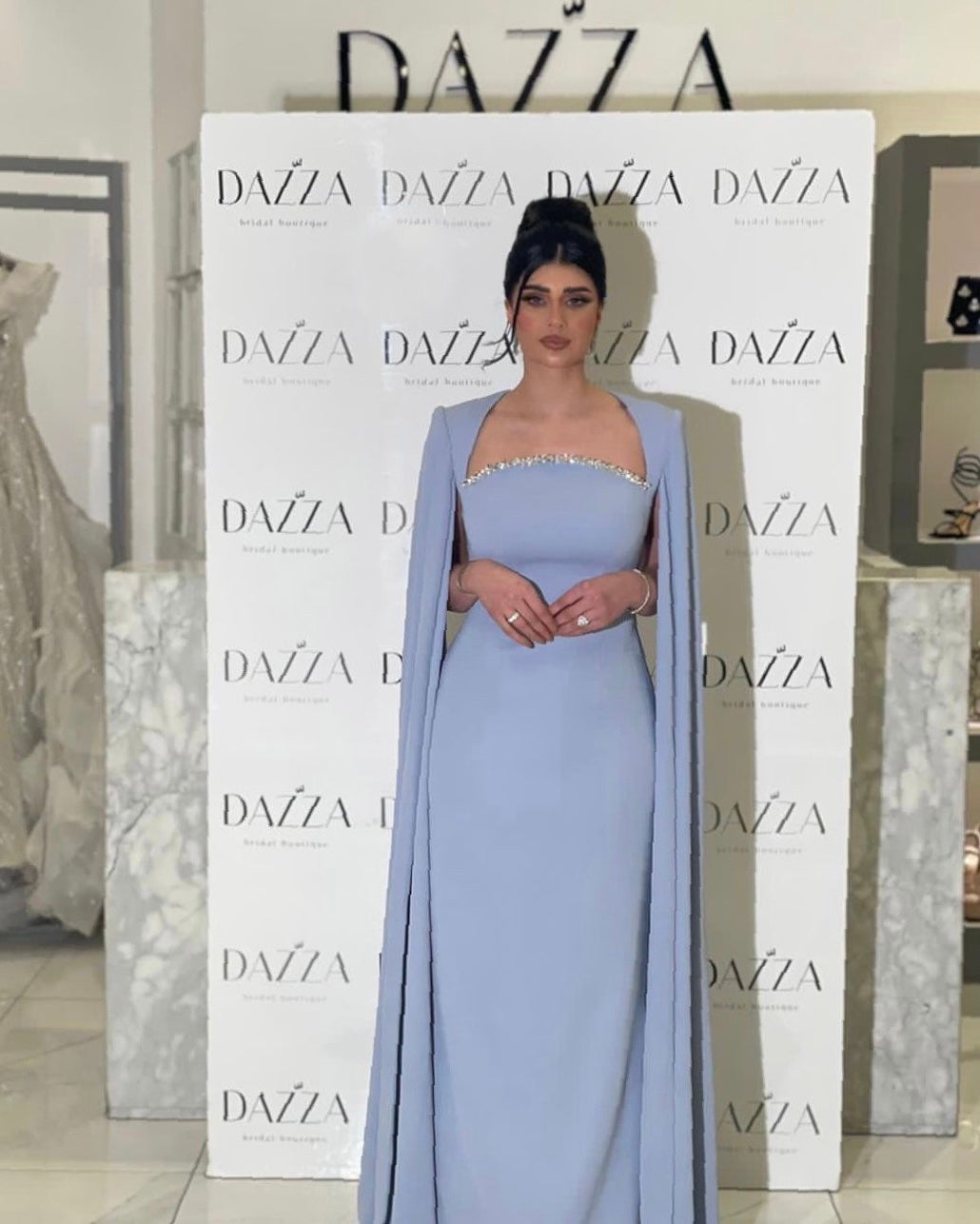 Elegant Blue Mermaid Evening Dress with Cape Sleeves SF486
