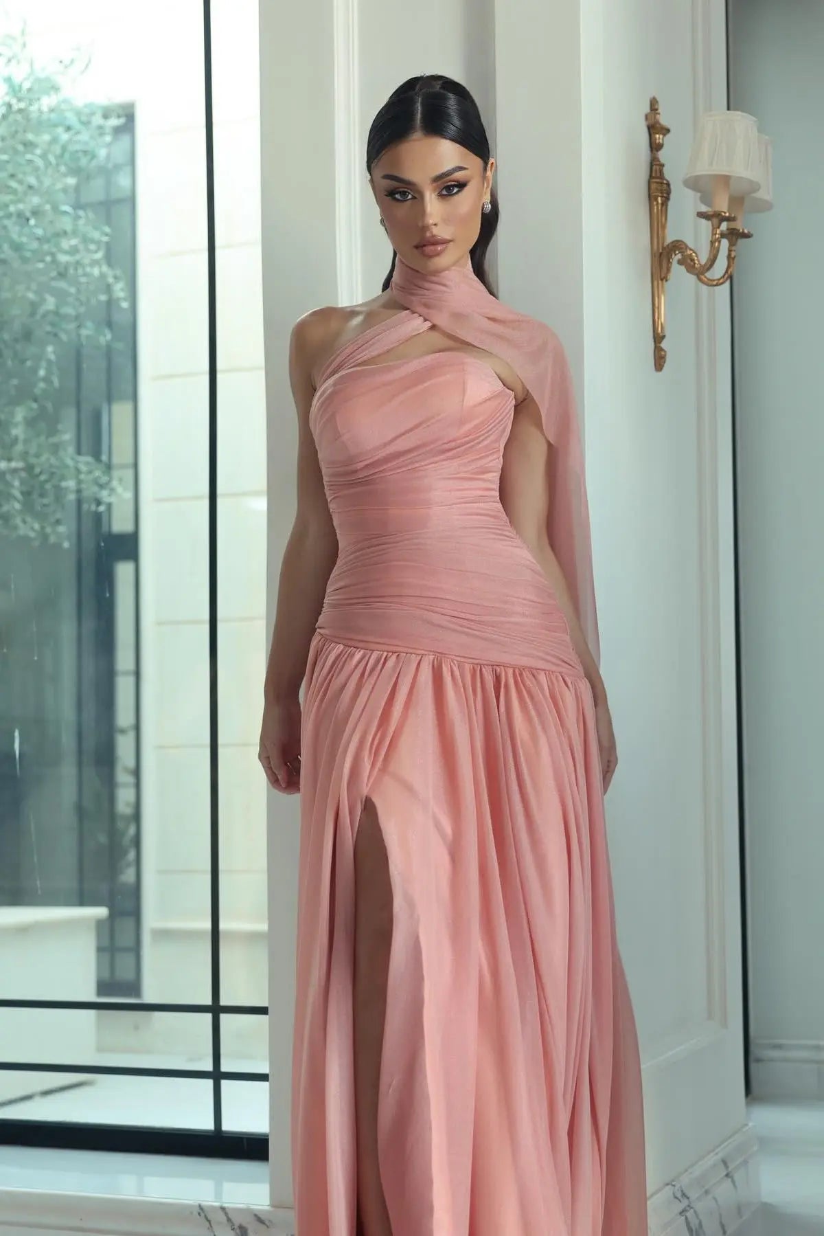 Blush Pink Draped Halter Maxi Dress Elegant Evening Gown with High Sli –  SHEER FAIRY