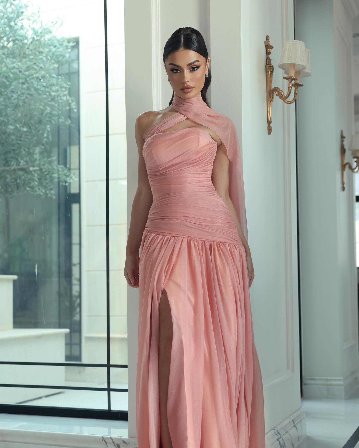 Blush Pink Draped Halter Maxi Dress Elegant Evening Gown with High Slit SF482