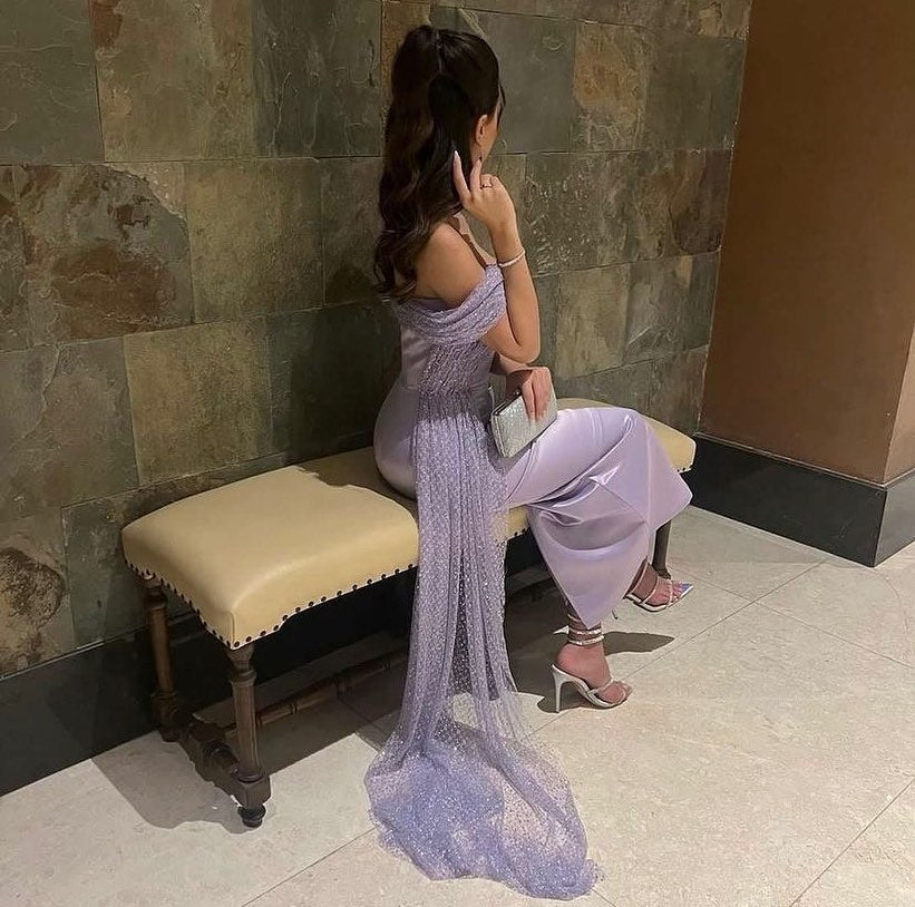 Elegant Off Shoulder Lilac Evening Dress with Overskirt SS340