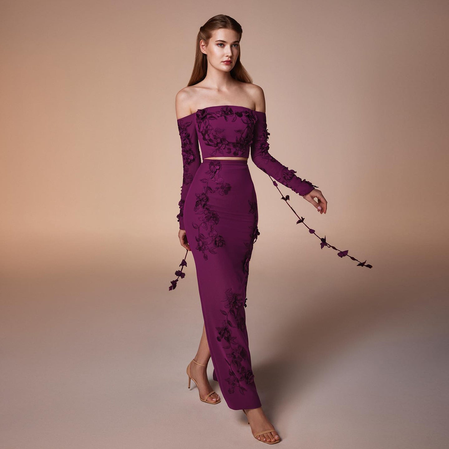 Elegant Off Shoulder Fuchsia Long Sleeves Evening Dress SF264