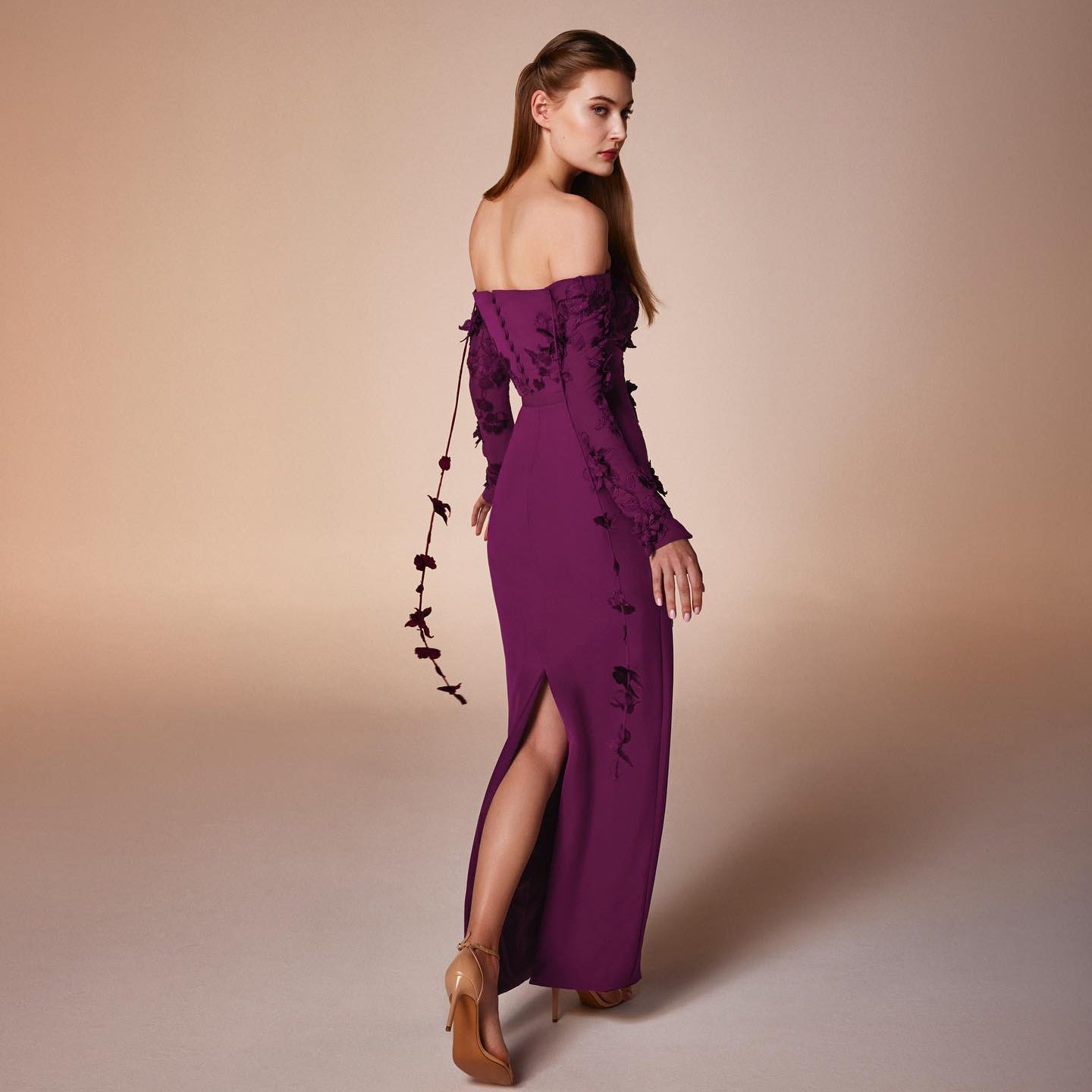 Elegant Off Shoulder Fuchsia Long Sleeves Evening Dress SF264