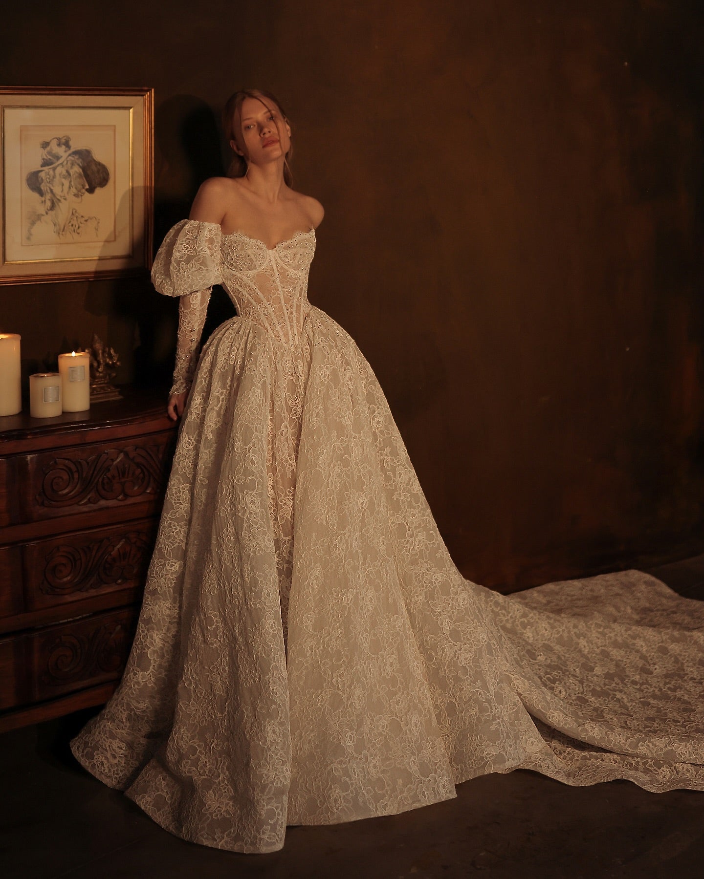 Luxury Off Shoulder Puff Sleeve Lace Ball Gown Wedding Dress SW074