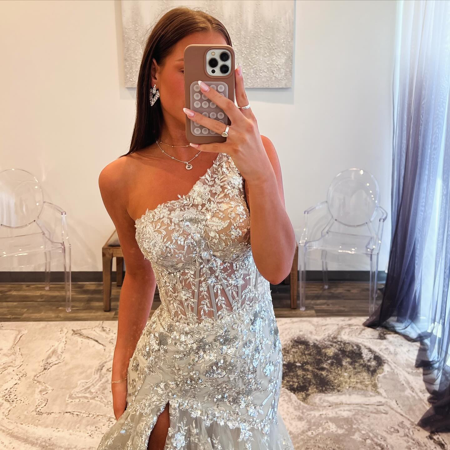Elegant One Shoulder Silver Prom Dresses with Slit Embroidery Lilac Women Graduation Party Gowns