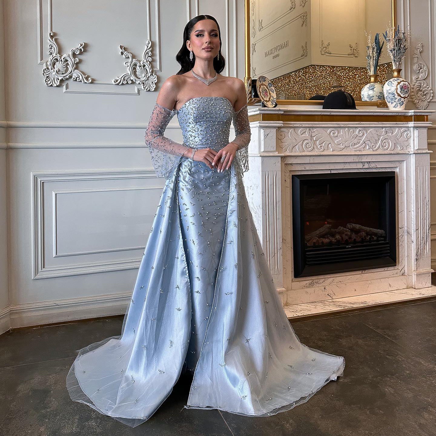 Luxury Silver Gray Evening Dress with Overskirt Sleeves SS484