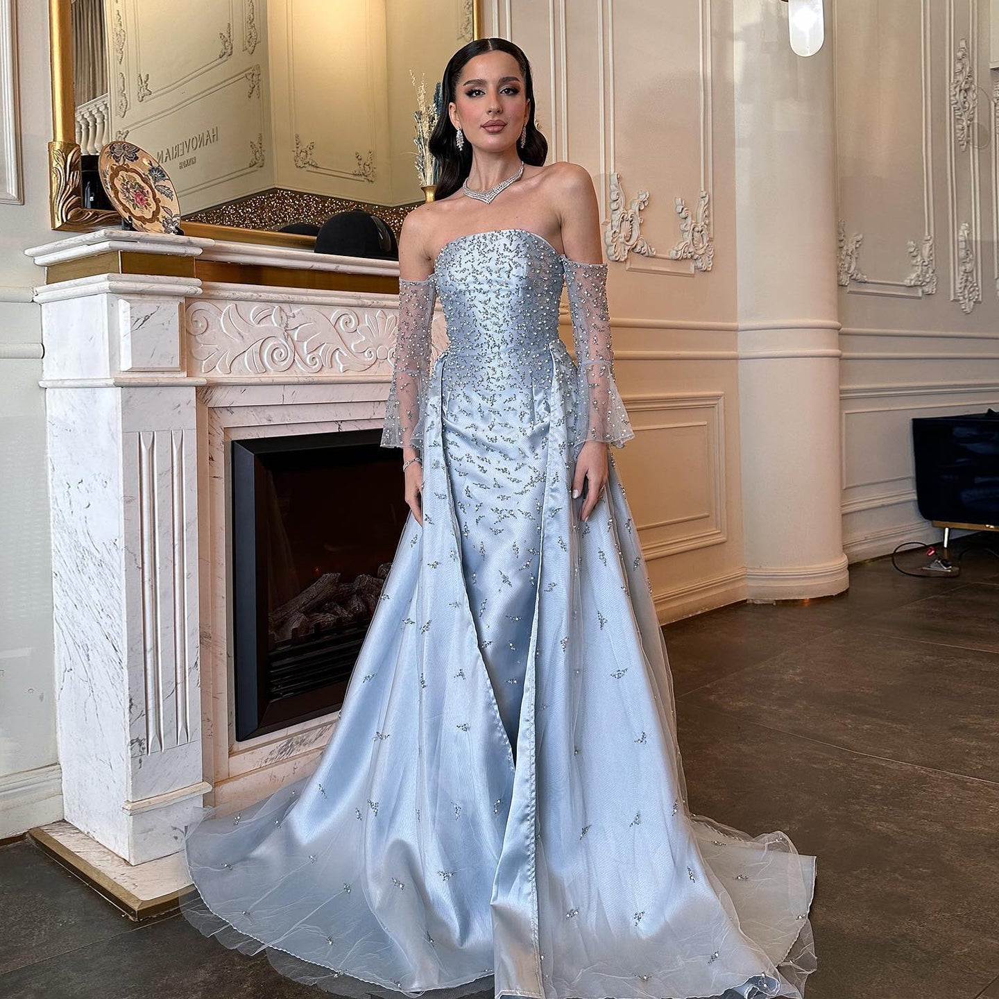 Luxury Silver Gray Evening Dress with Overskirt Sleeves SS484