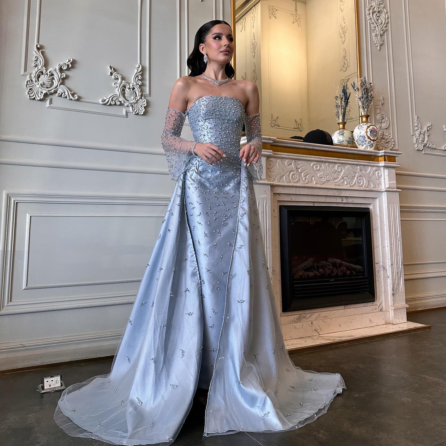 Luxury Silver Gray Evening Dress with Overskirt Sleeves SS484
