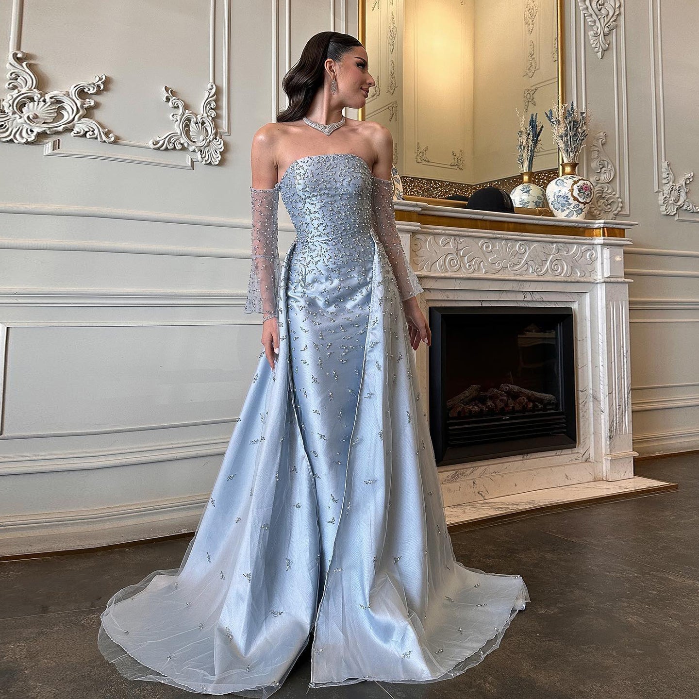 Luxury Silver Gray Evening Dress with Overskirt Sleeves SS484