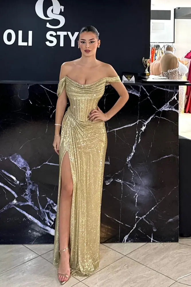 Gold Sequin Off Shoulder Column Prom Dress with Thigh Slit SH546 SHEER FAIRY Gold Sequin Off Shoulder Column Prom Dress with Thigh Slit SH546 SHEER FAIRY