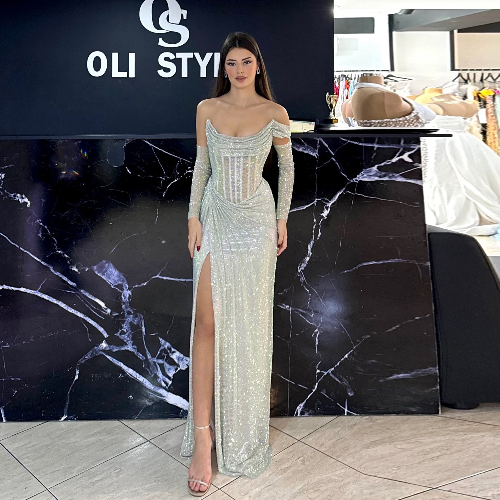 Luxury Sequin Beaded Silver Evening Dress with Slit SH548