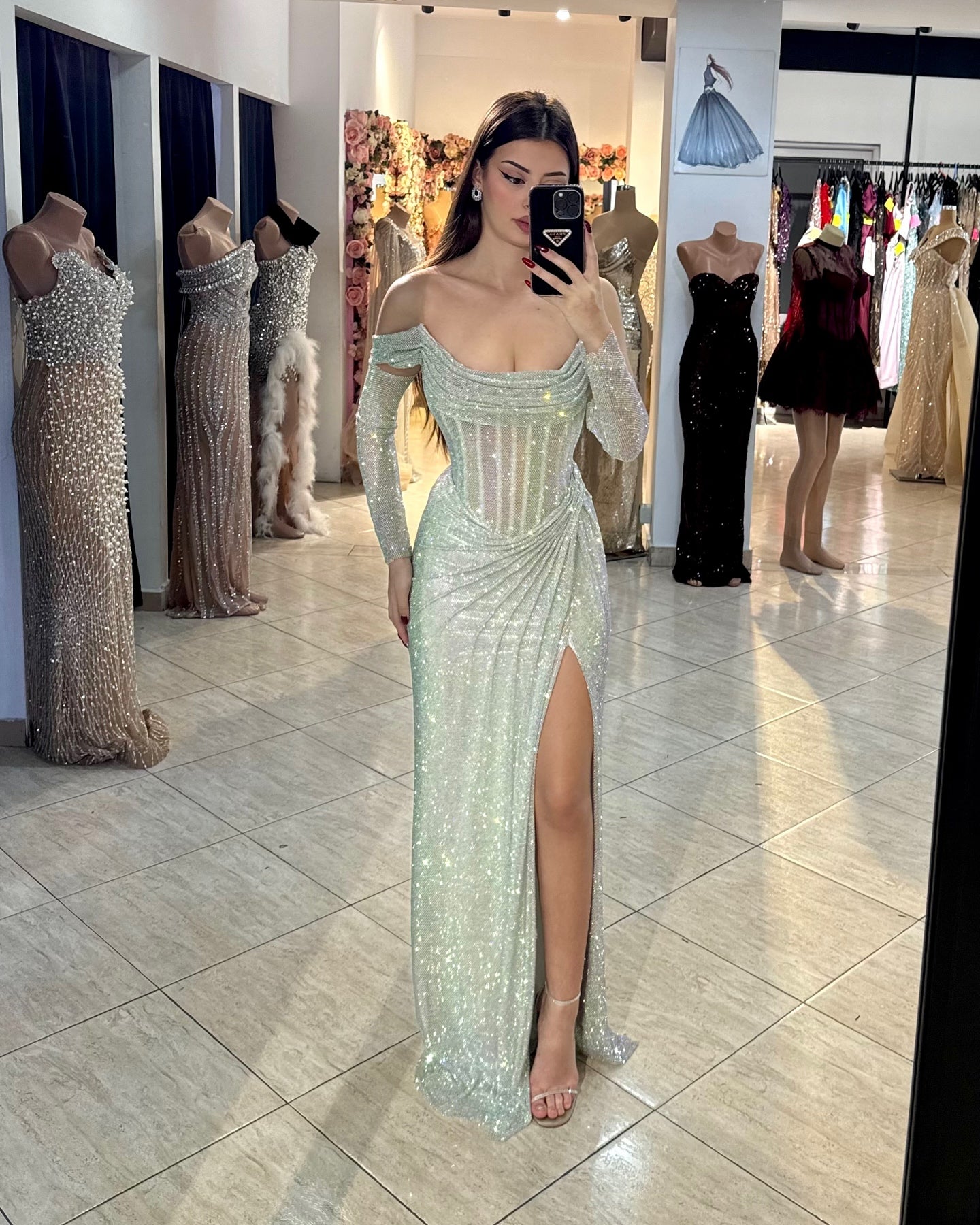 Luxury Sequin Beaded Silver Evening Dress with Slit SH548