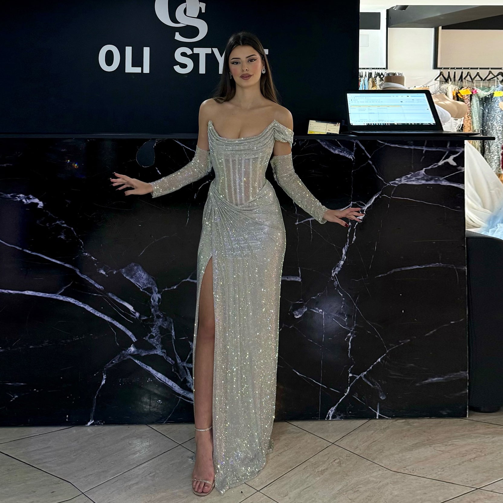Luxury Sequin Beaded Silver Evening Dress with Slit SH548