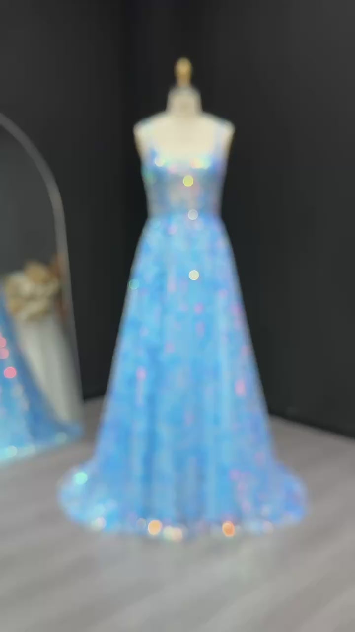 Load video: Luxury Floral Embroidery Blue Backless A-line Prom Dress 2025 for Girls Long Graduation Party Gowns