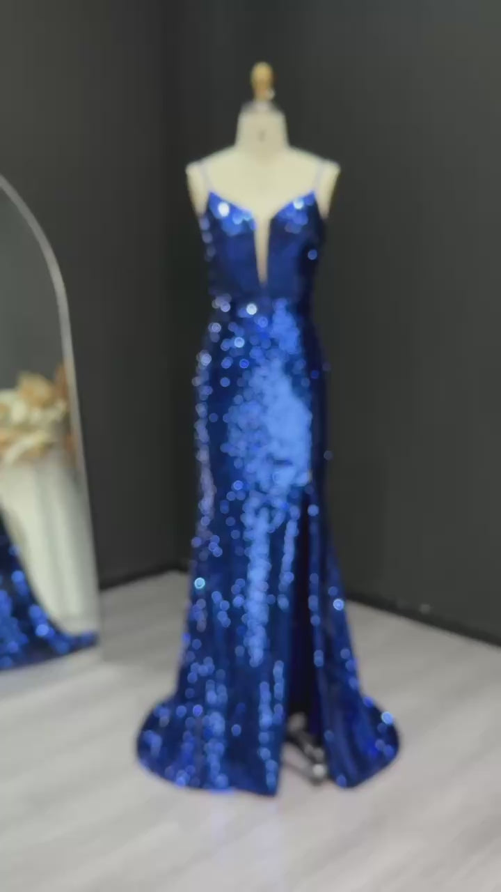 Load video: Sparkle Sequined Blue Mermaid Prom Dresses with Spaghetti Straps Slit Long Graduation Party Gowns