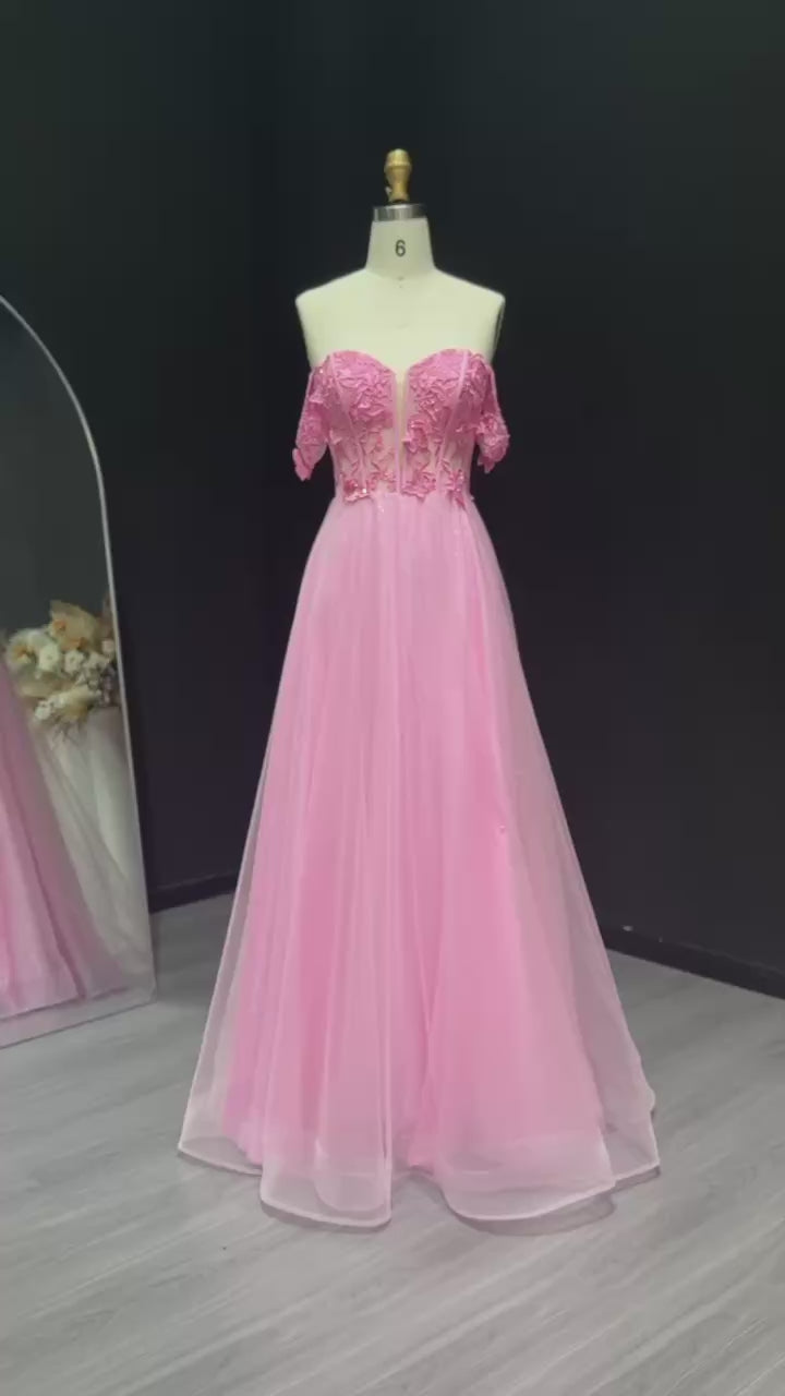 Load video: Sparkly Off-Shoulder Pink Appliques Prom Dress for Women Lace-up Tulle A-line Evening Party Gowns