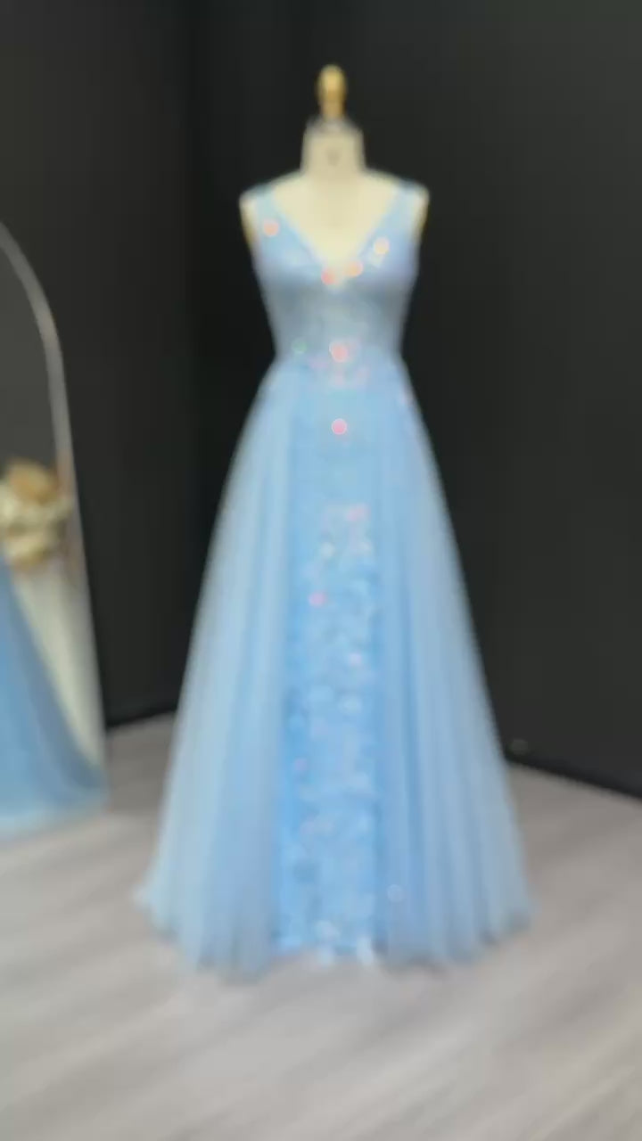 Load video: Luxury Blue Embroidery V-Neck Tulle Long Prom Dresses with Overskirt Wedding Birthday Party Gowns