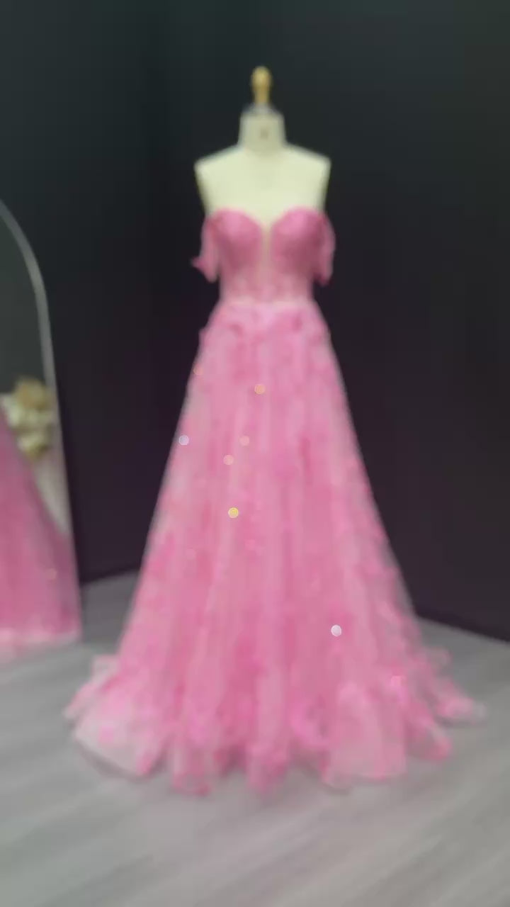 Load video: Elegant Off-Shoulder Pink Lace Appliques Prom Dresses for Women Wedding Birthday Party Gowns