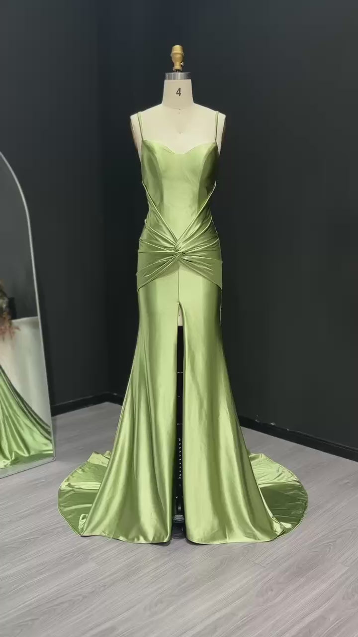 Load video: Elegant Silky Satin Green Mermaid Prom Dresses with Slit Spaghetti Straps Special Occasion Gowns