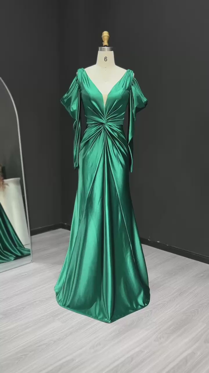 Load video: Elegant Emerald Green Satin Evening Gown with Flowing Sleeves V-Neck Mermaid Prom Dresses