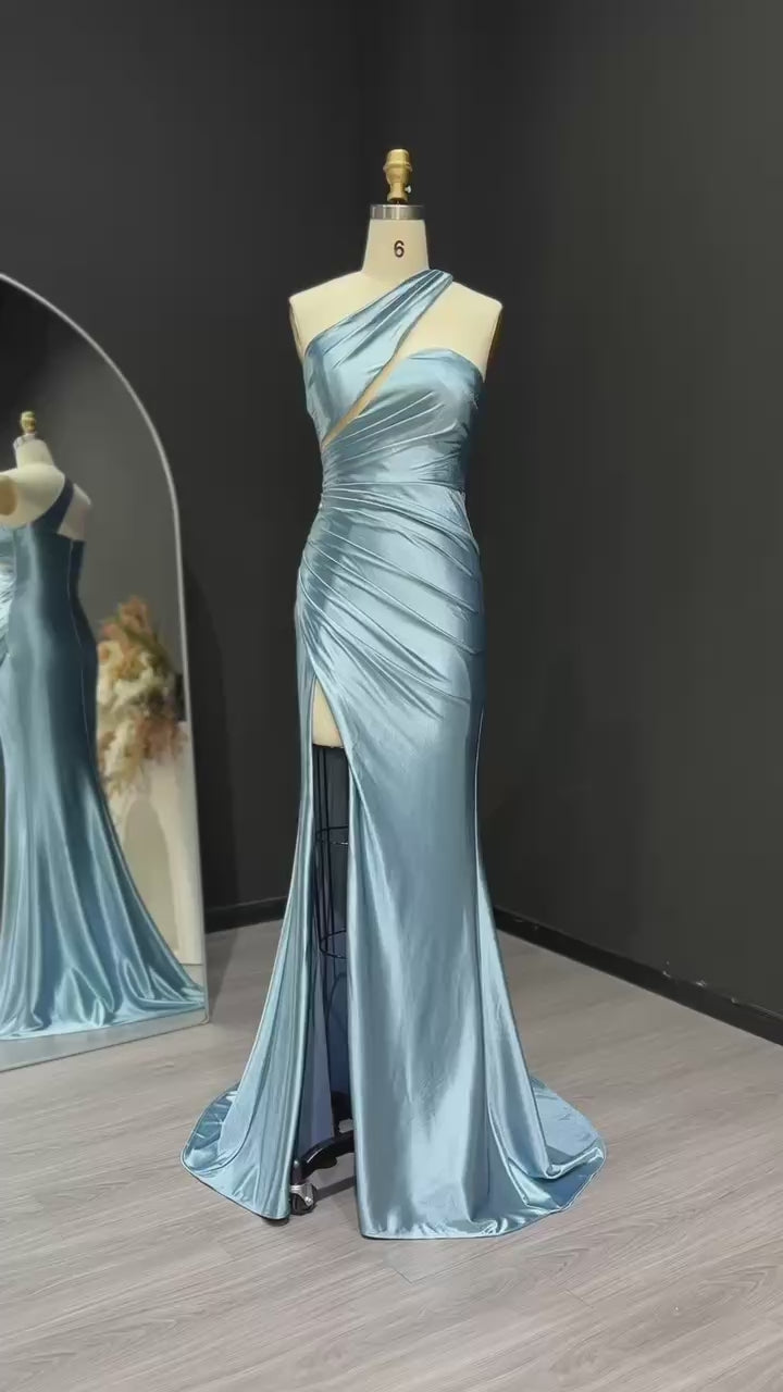 Load video: Elegant One-Shoulder Blue Satin Evening Gown with High Slit Long Mermaid Prom Dresses