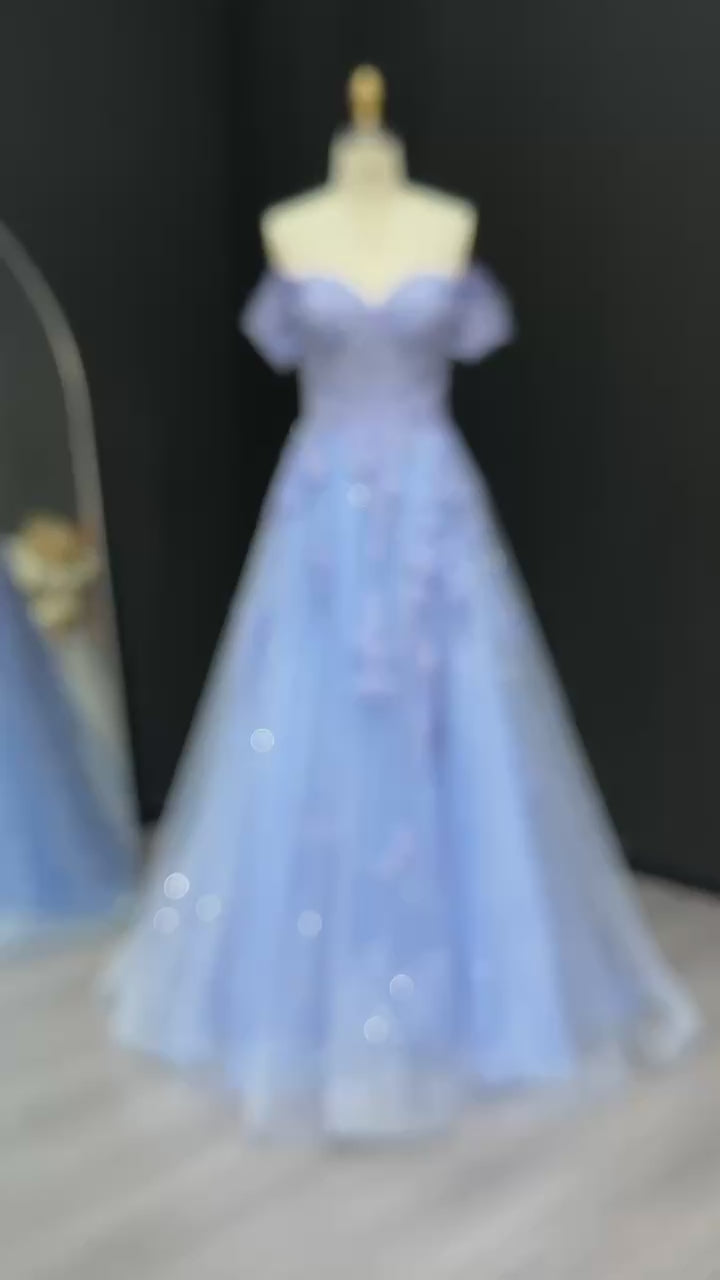 Load video: Elegant Blue Appliques A-line Tulle Off-Shoulder Prom Dress for Women Wedding Evening Party Gowns