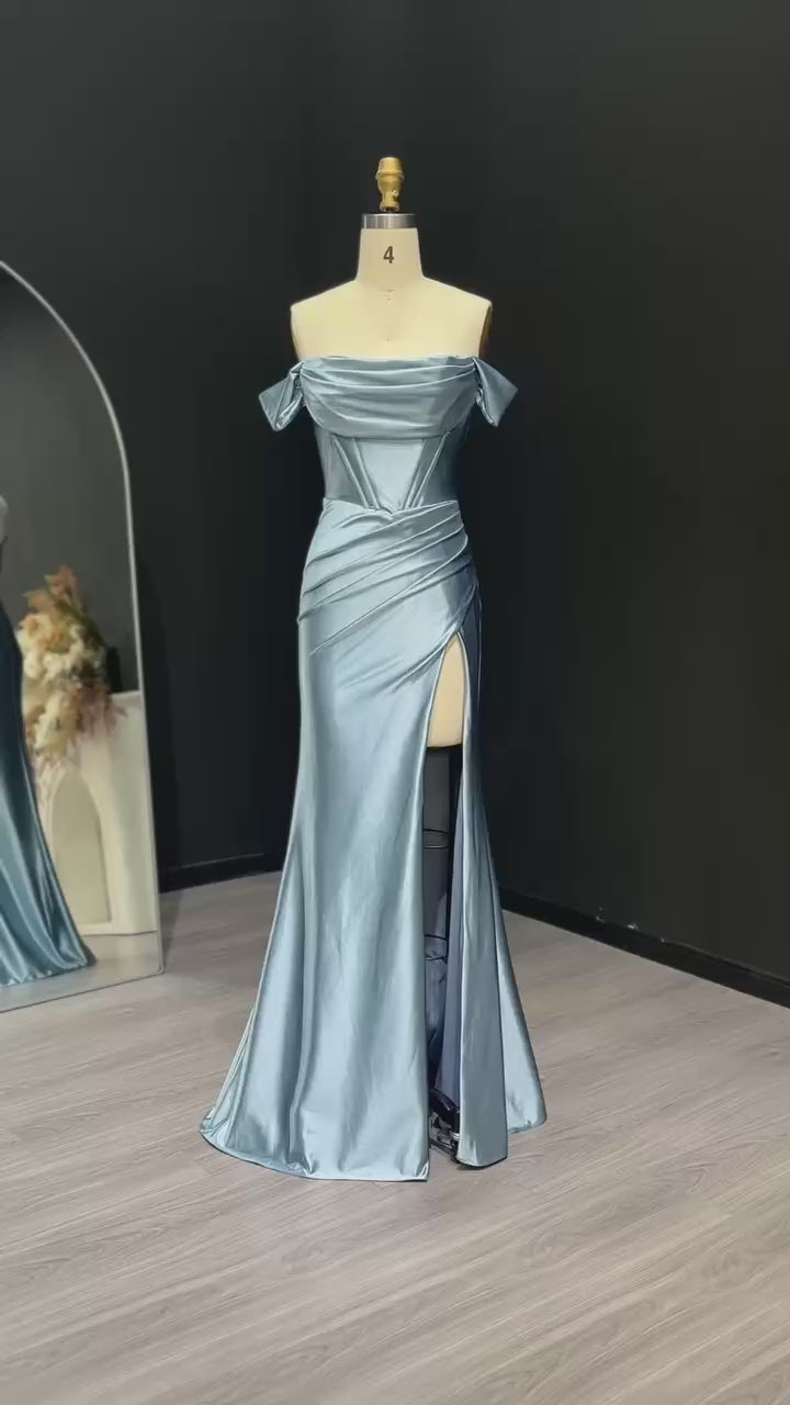 Load video: Chic Off-Shoulder Satin Sky Blue Prom Dress with Slit Women Special Occasion Evening Party Gowns