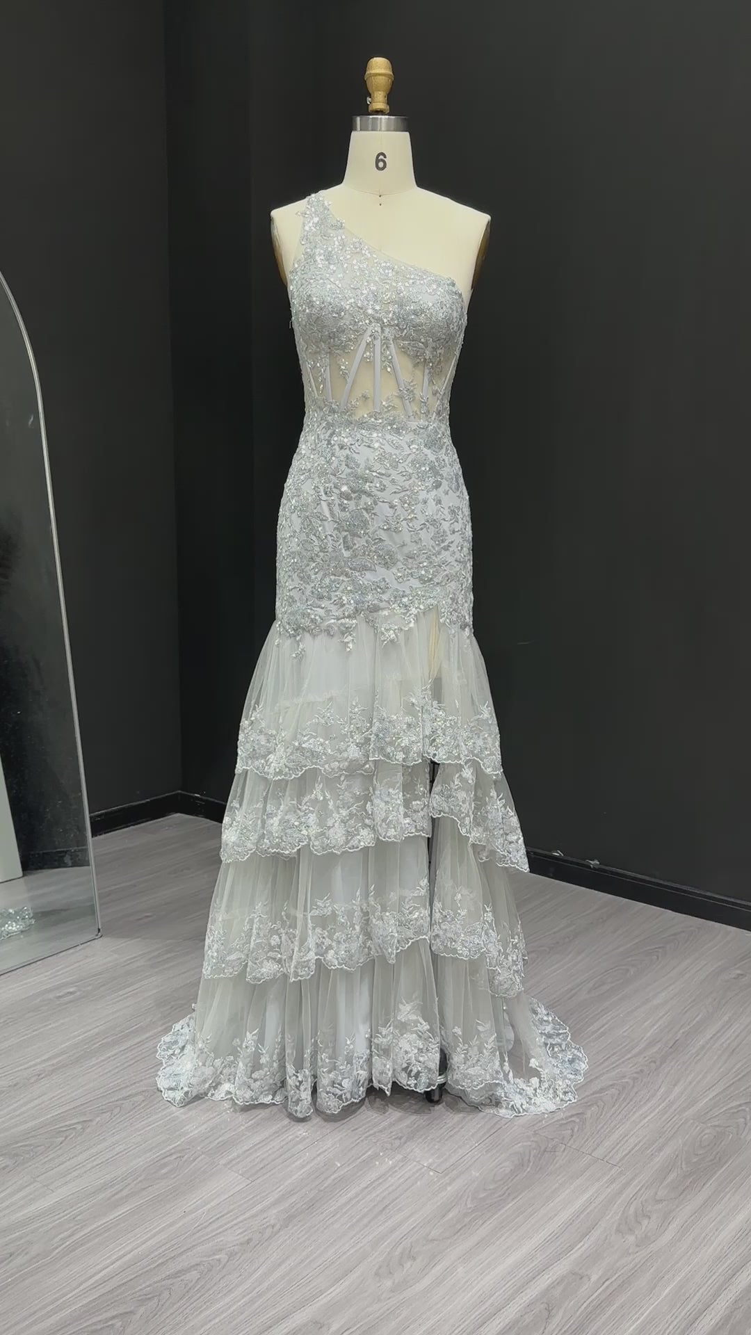 Load video: Elegant One Shoulder Silver Prom Dresses with Slit Embroidery Lilac Women Graduation Party Gowns