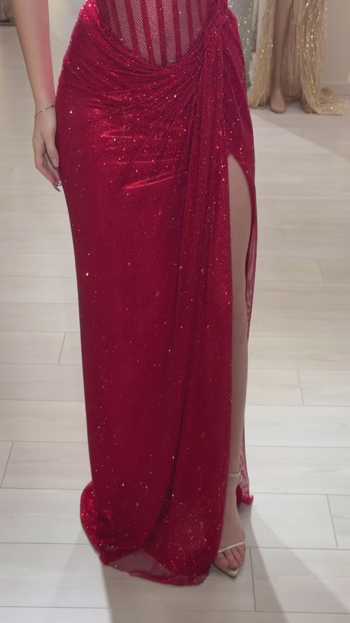 Load video: Luxury Beaded Dubai Evening Dress with Slit and Removable Veil SH549