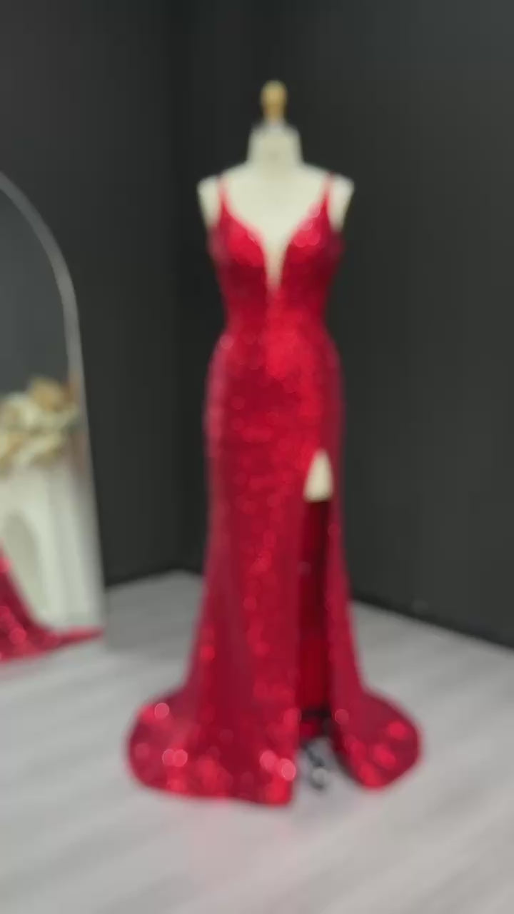 Load video: Sparkle Sequined Wine Red Mermaid Prom Dresses 2025 Sexy V-Neck Side Slit Evening Party Gowns
