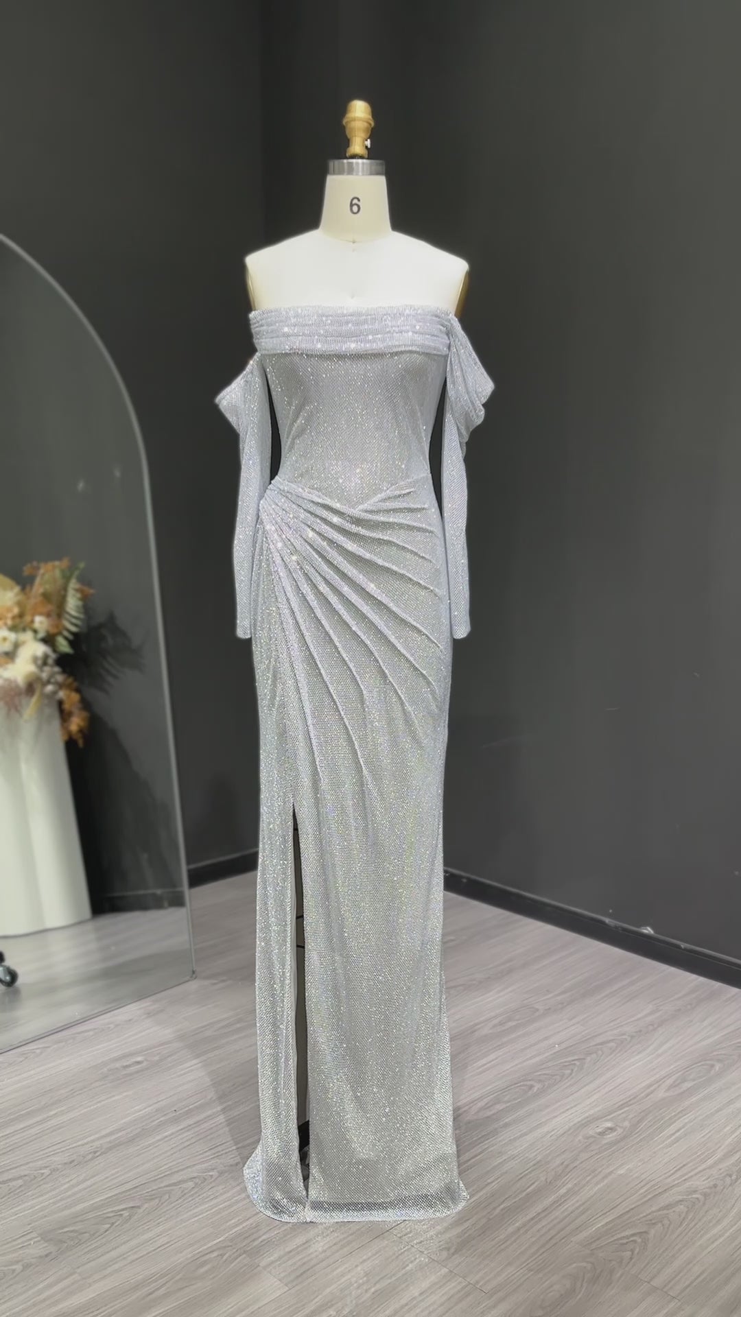 Load video: Luxury Sequin Beaded Silver Evening Dress with Slit SH548