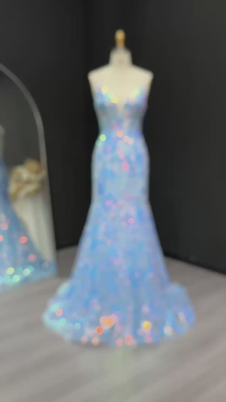 Load video: Sparkly Blue 3D Flowers Lace-up Spaghetti Strap Sequined Mermaid Prom Dresses for Girls Floor Length