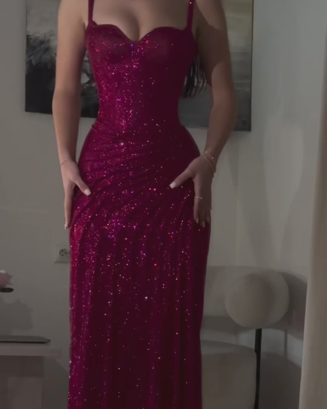 Load video: Luxury Sequin Fuchsia Spaghetti Strap Evening Dress with Slit SH564