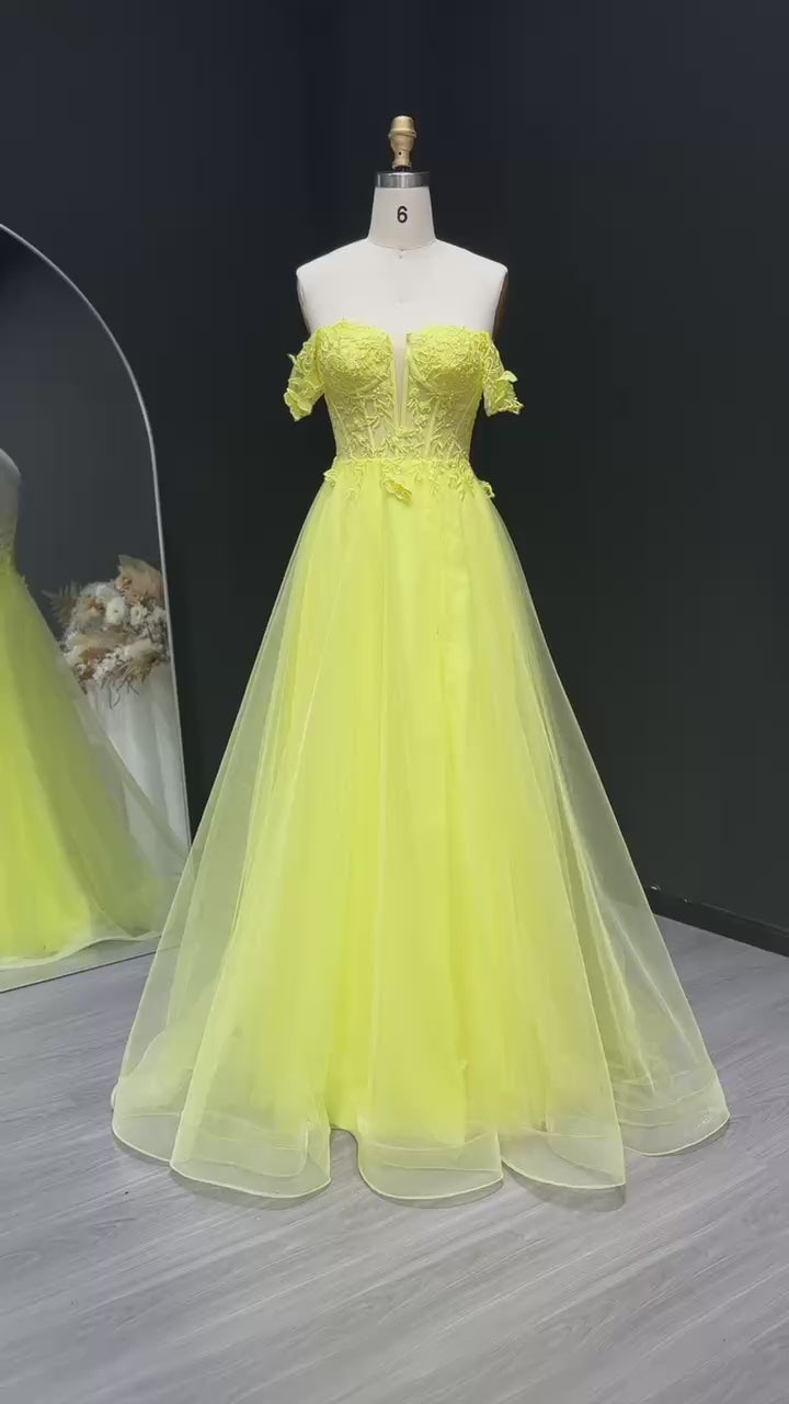 Load video: Elegant Off Shoulder Yellow Appliques Tulle A-line Prom Dresses Lace-up Long Evening Party Gown