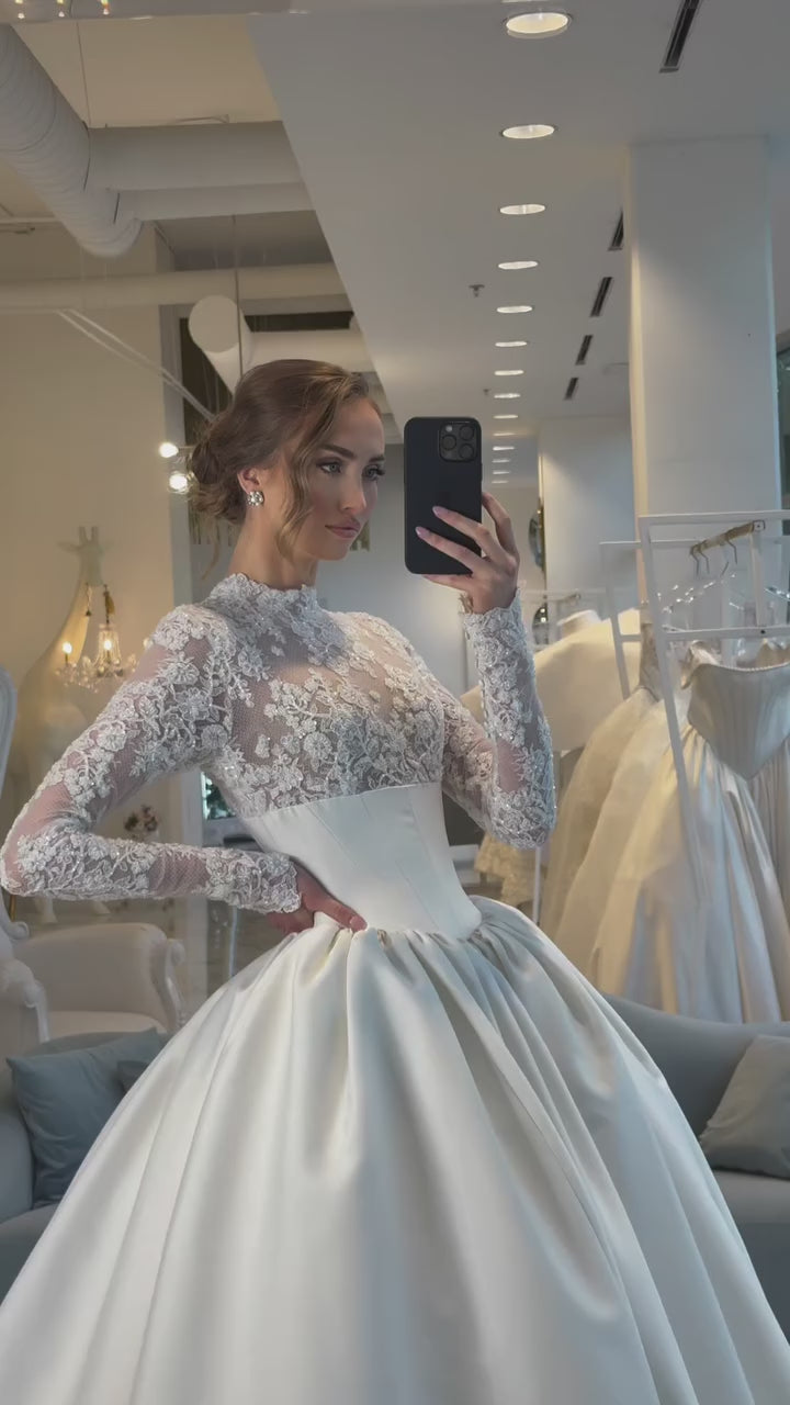 Load video: Elegant Classic Long Sleeve Satin Ball Gown Wedding Dress SW075