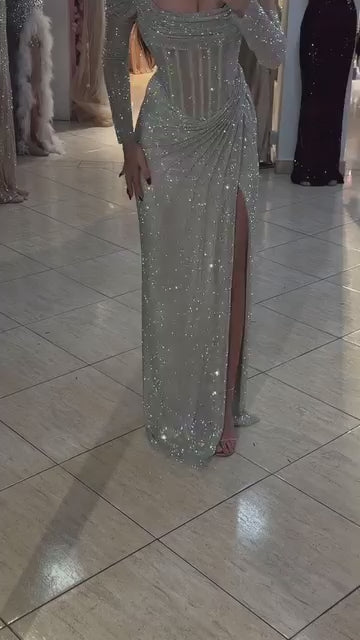 Load video: Luxury Sequin Beaded Silver Evening Dress with Slit SH548