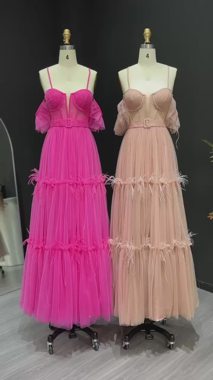 Load video: Chic Fuchsia Off-Shoulder Tulle Prom Dress with Belt Layered Feathers Evening Party Gowns