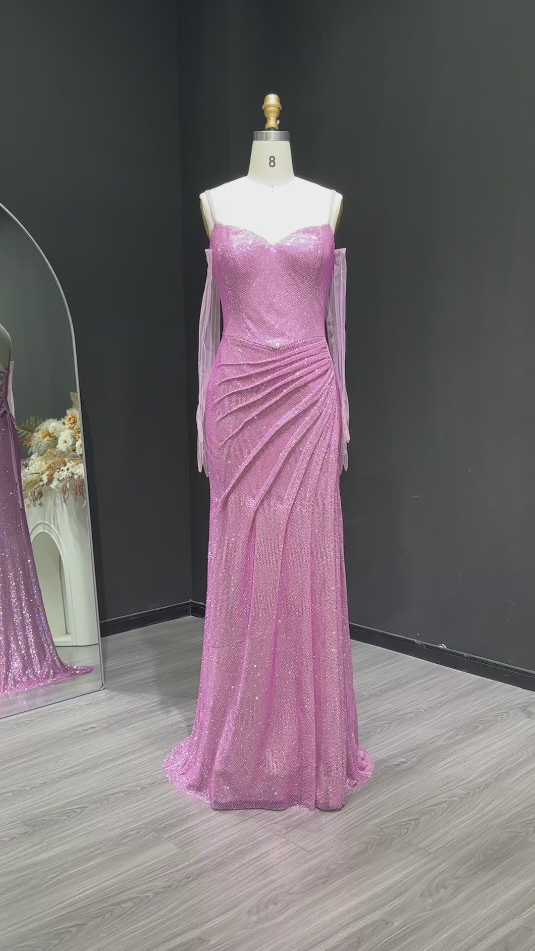 Load video: Luxury Sequin Fuchsia Spaghetti Strap Evening Dress with Slit SH564