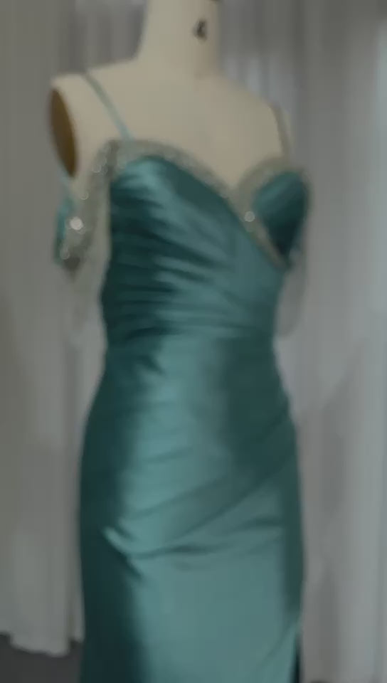 Load video: Turquoise Silky Luxury Beaded Mermaid Prom Dresses for Women Long Graduation Birthday Party Gowns