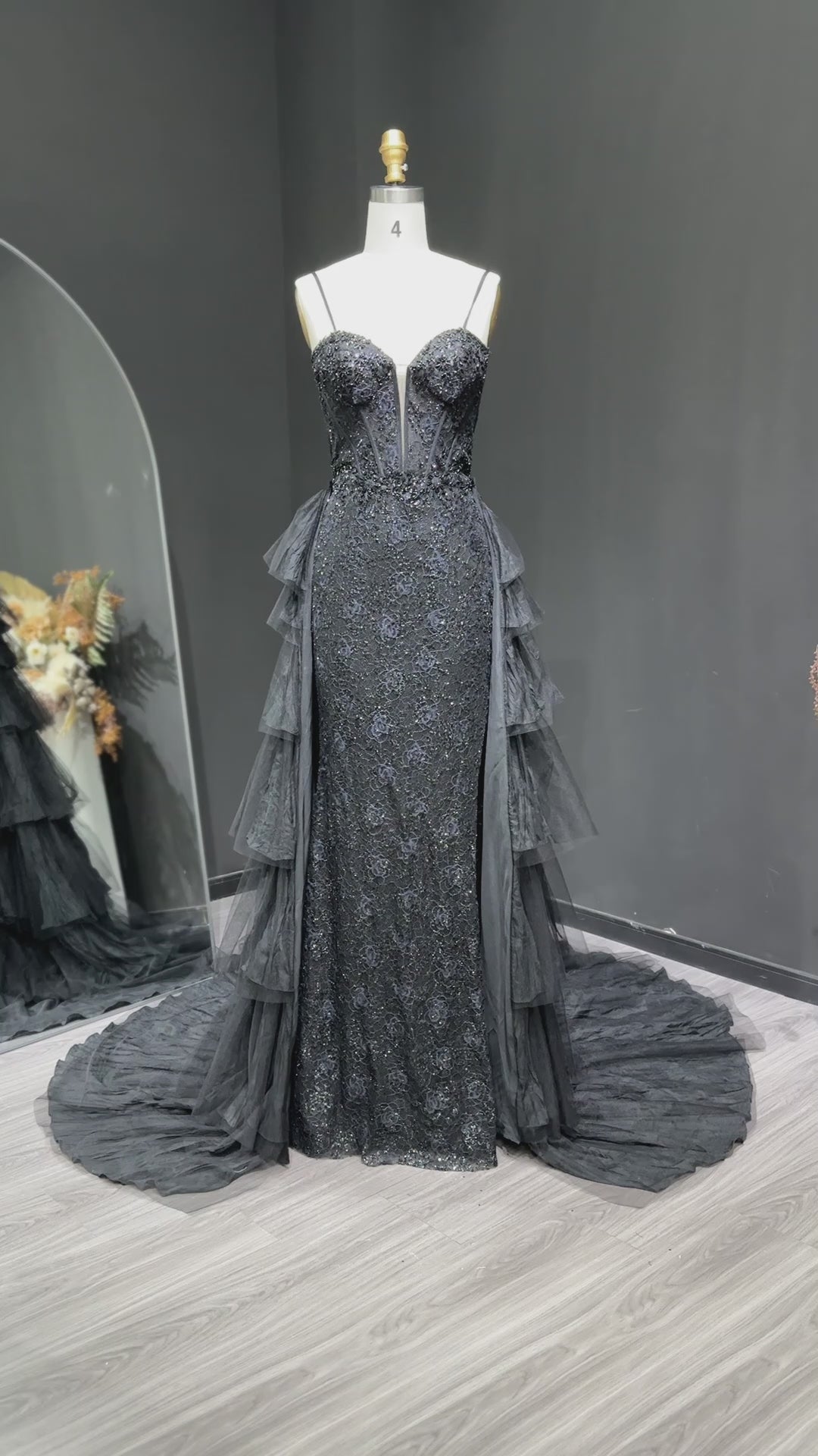 Load video: Luxury Beaded Black Evening Dress with Shoulder Strap and Overskirt SH324