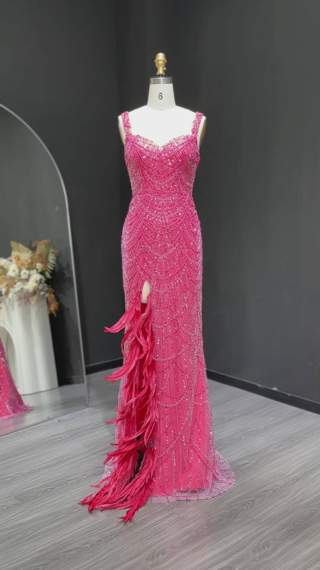 Load video: Luxury Hot Pink Feathers Mermaid Evening Dress with Slit SH579