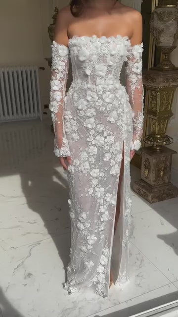 Load video: Luxury Beaded Long Sleeve Lace High Slit Wedding Dress SW085
