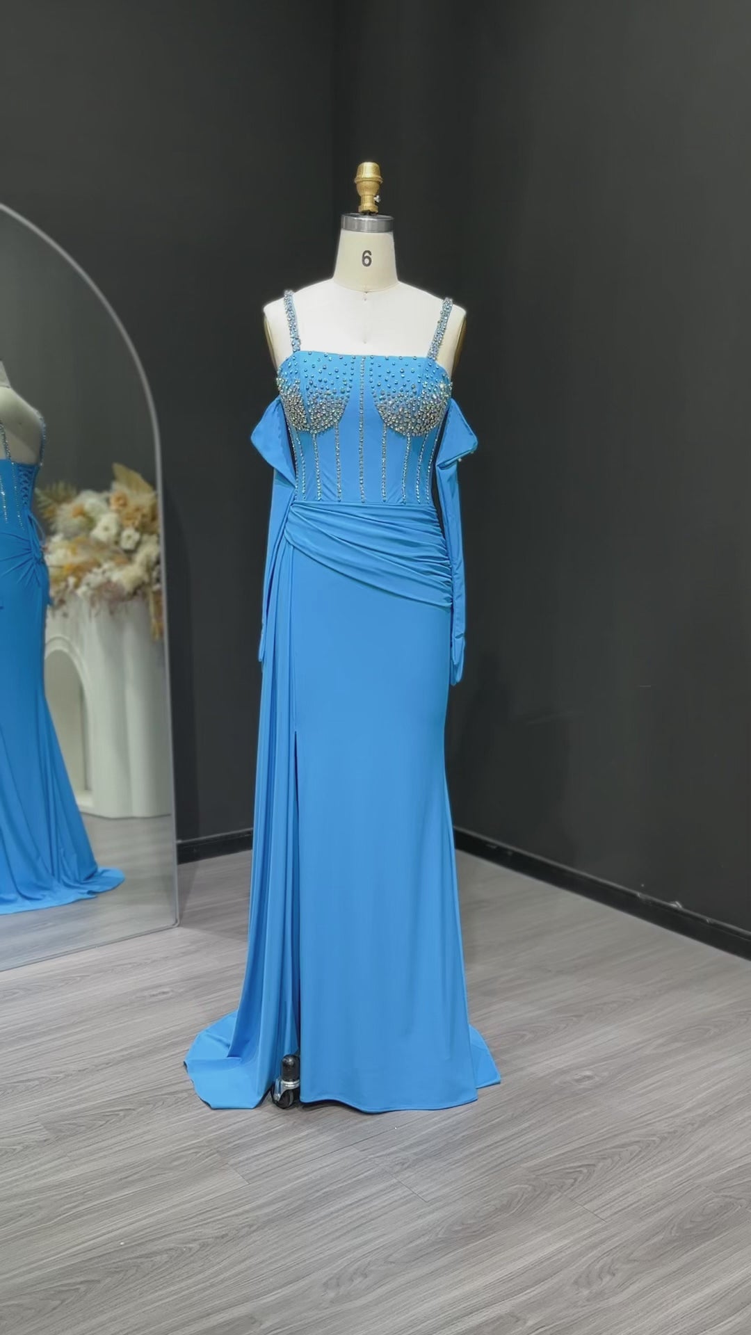 Load video: Luxury Beaded Halter Blue Evening Dress with Gloves and Slit SH569