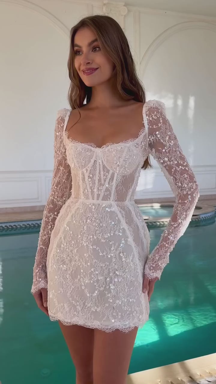 Load video: Luxury Sequin Long Sleeve Drop Waist Mini Wedding Dress SW094