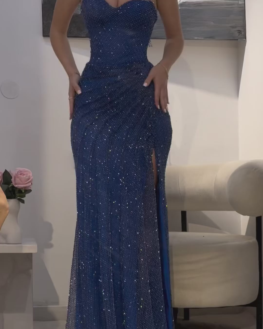 Load video: Elegant Royal Blue Strapless Sequin Evening Dress with Scarf SH566