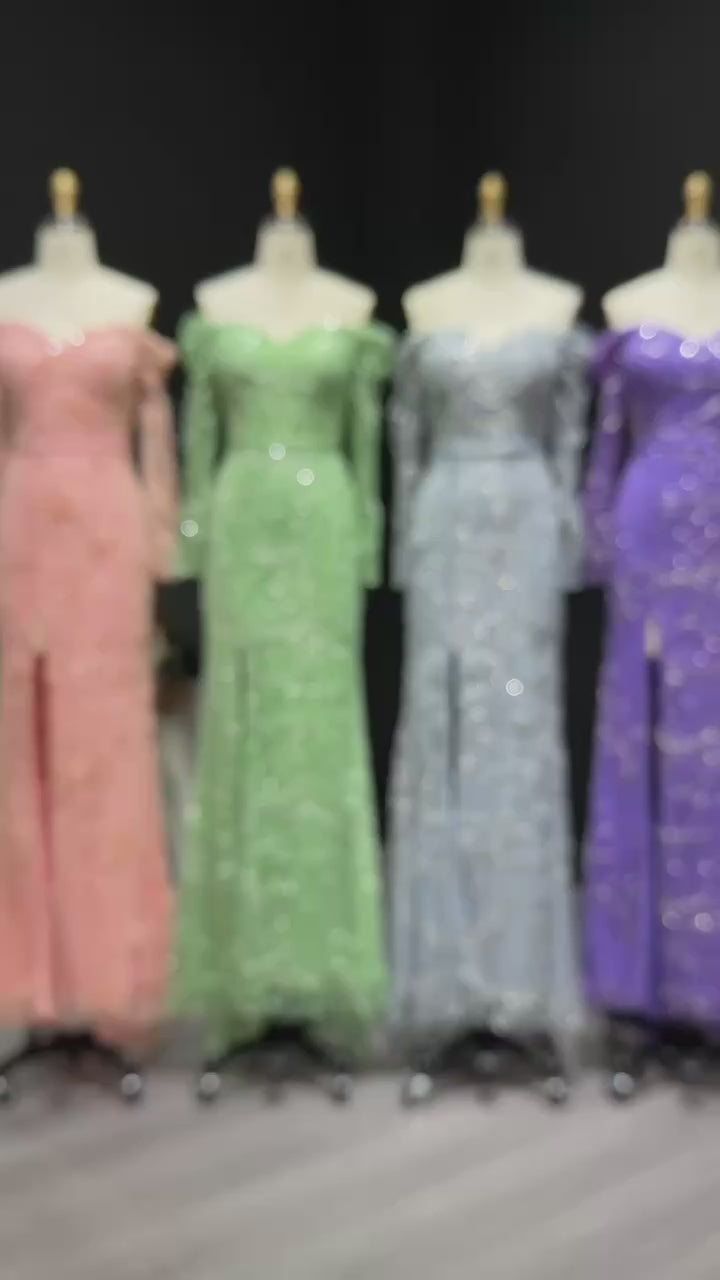Load video: Elegant Off Shoulder Mermaid Green Prom Dresses with Long Sleeve Slit Floral Evening Party Gowns