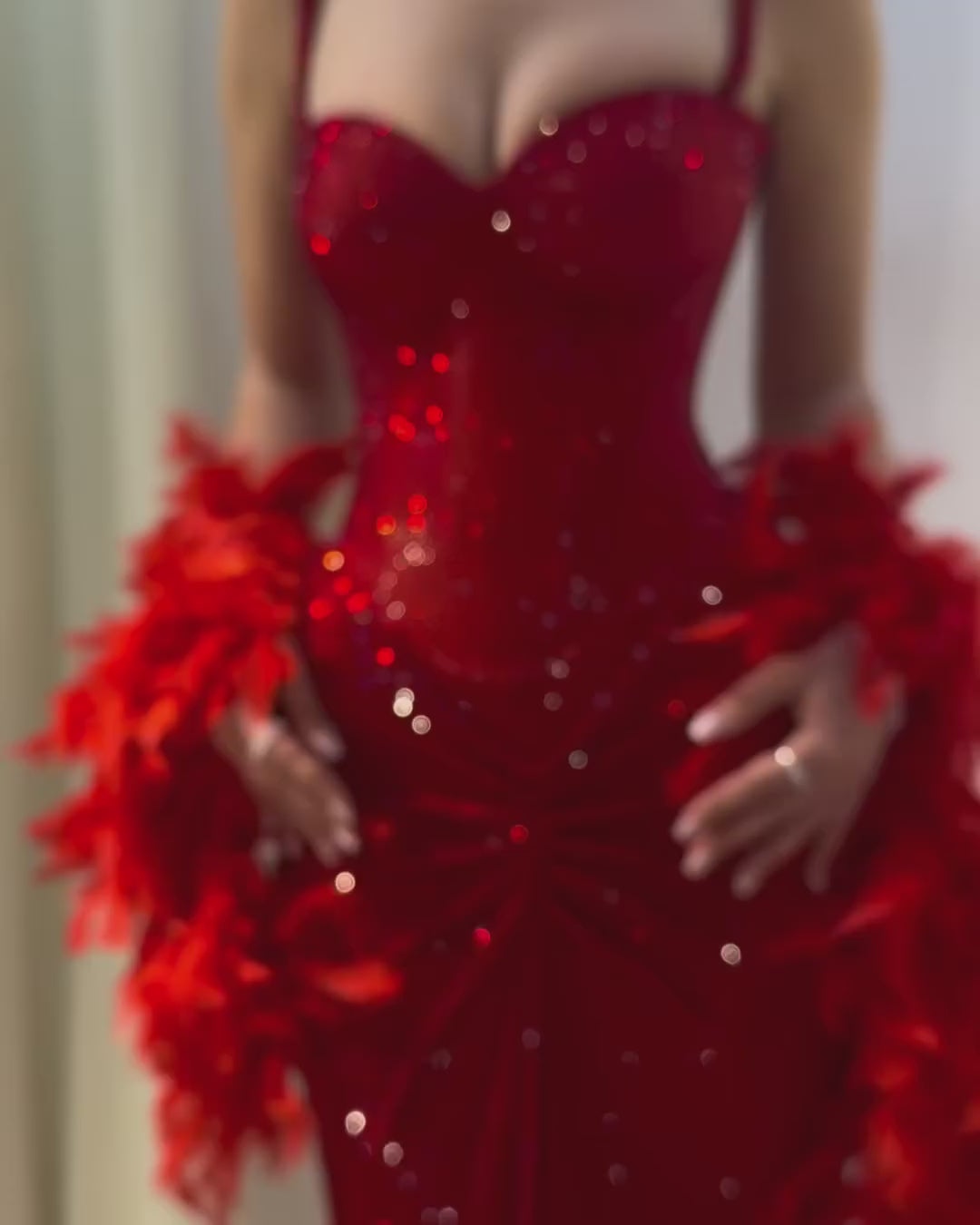 Load video: Luxury Red Sequin Strapless Evening Dress with Feather Shawl SH567