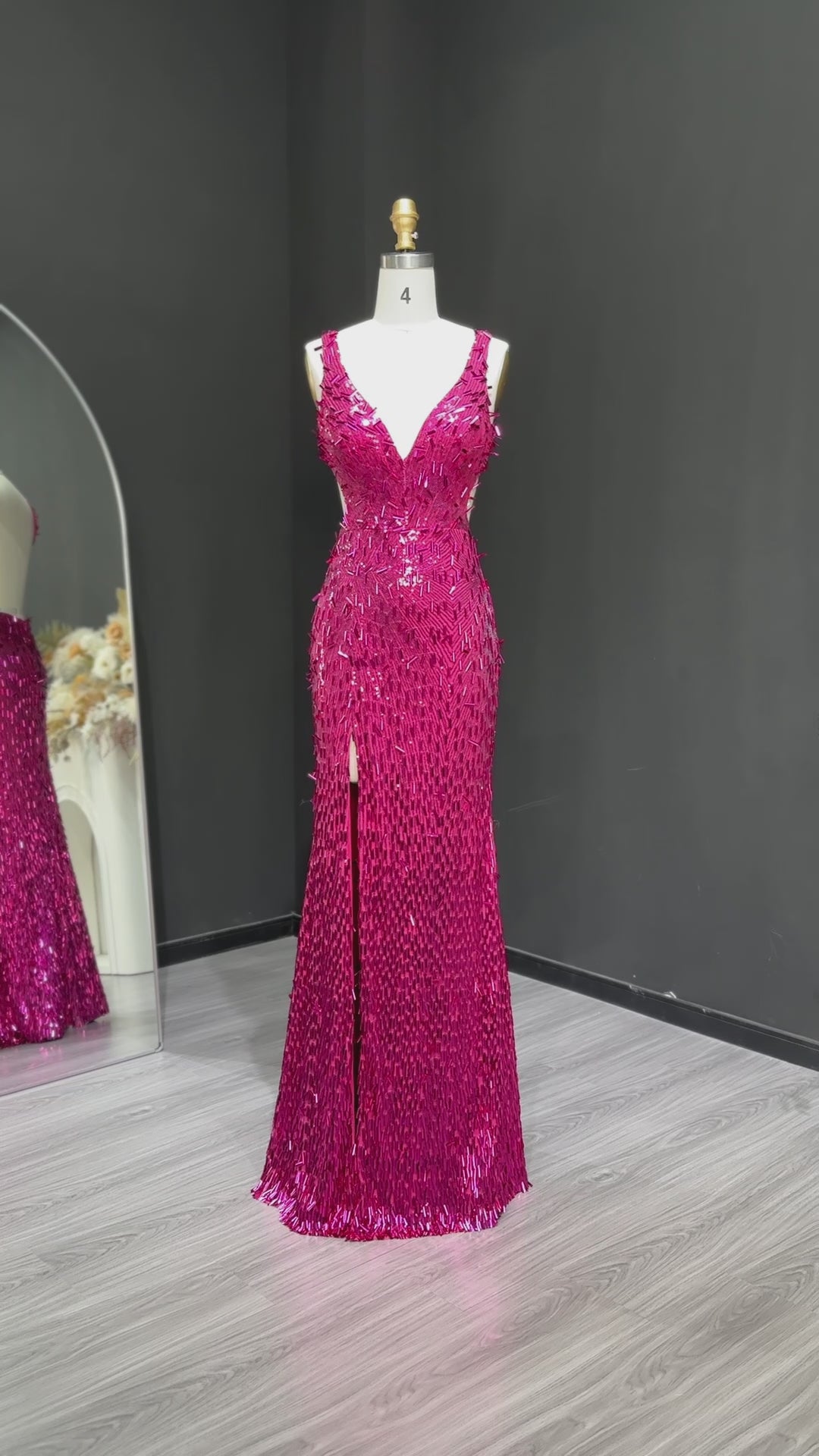 Load video: Luxury Fuchsia Crystal Sequin Evening Dress with Slit and Shoulder Strap SH352