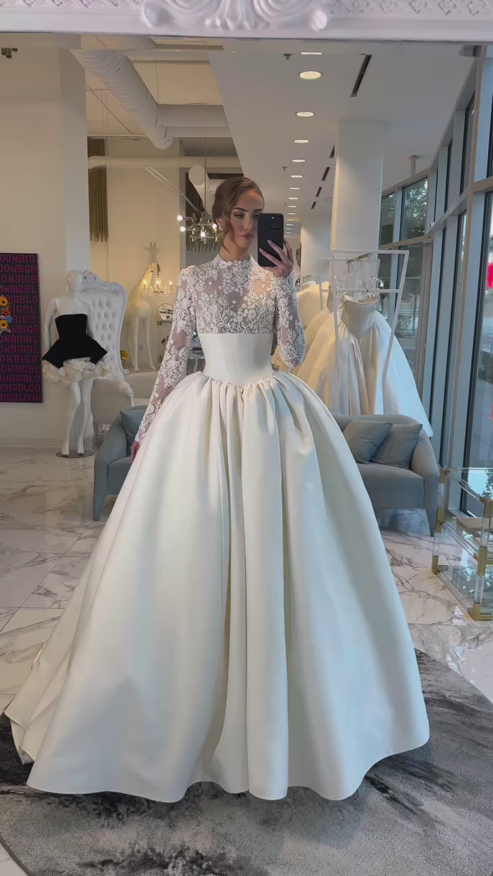 Load video: Elegant Classic Long Sleeve Satin Ball Gown Wedding Dress SW075